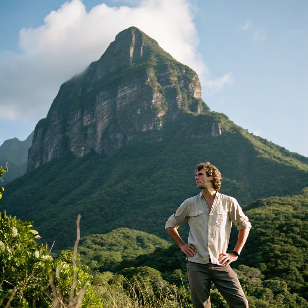 James in front of a mountain
