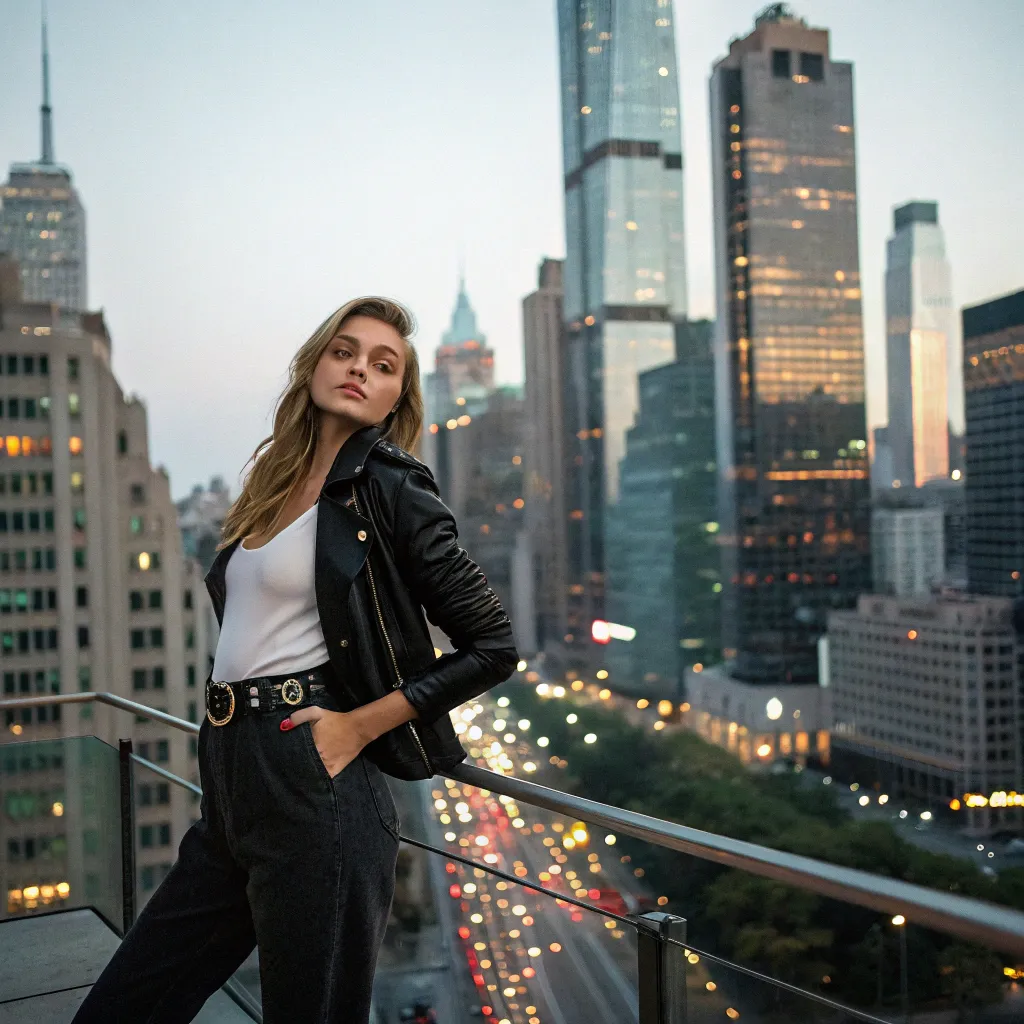 Olivia posing in front of a cityscape