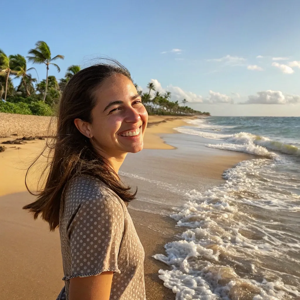 Sophia smiling on a beach